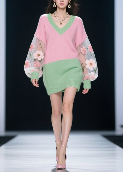 Colorblock V Neck Tulle Patchwork Knit Dress Fall