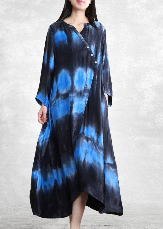 French Black Blue Gradient Color V Neck Asymmetrical Pockets Long Dress Long Sleeve