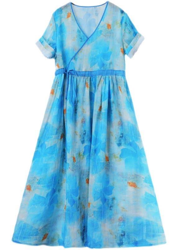 Fitted Blue Print Linen Tie Waist Summer Vacation Dresses