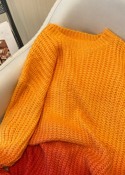 Gradient Color Orange O-neck Cozy Thick Knit Sweaters Fall