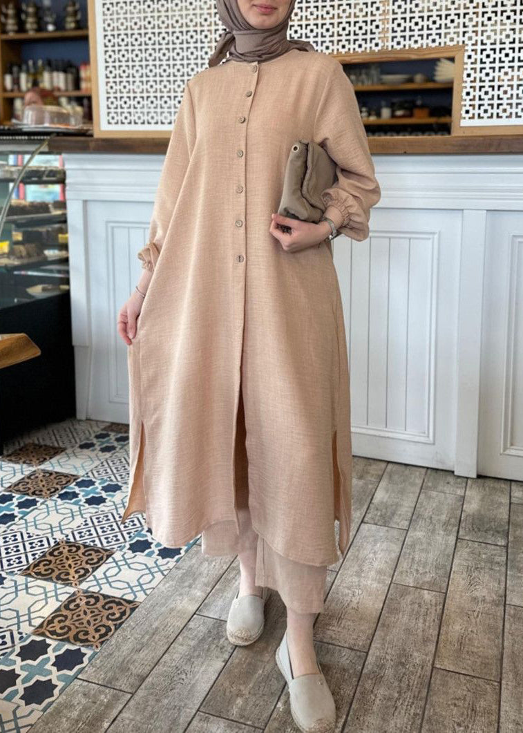 Khaki Button Cotton Two Pieces Set Long Sleeve