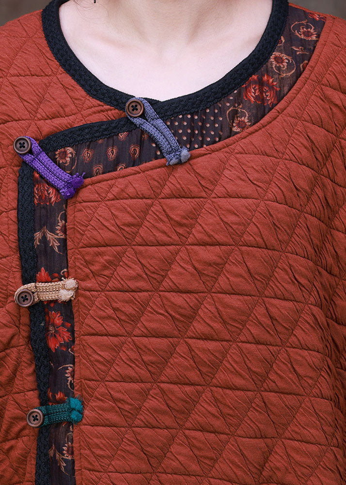 Art Orange O-neck Patchwork Patchwork Button Fine Cotton Filled Dresses Short Sleeve
