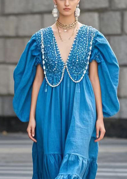 Blue Original Design Nail Bead Cotton Dress Batwing Sleeve
