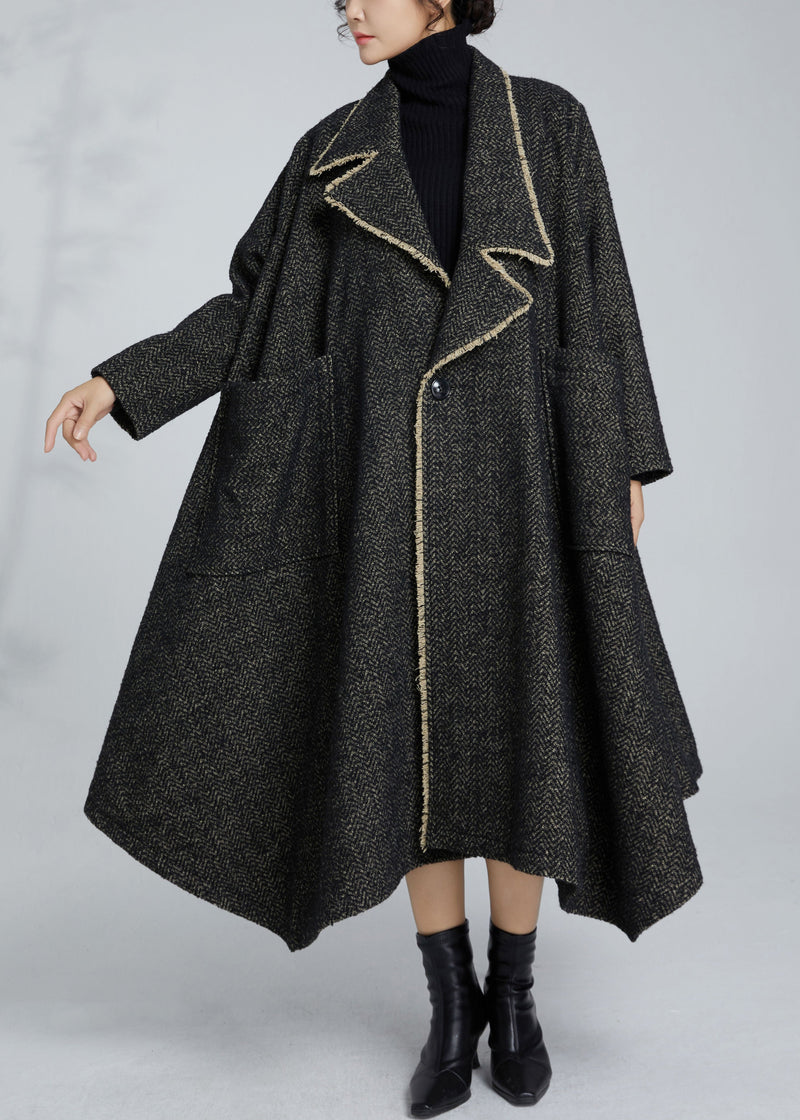 French Grey Notched Button Pockets Woolen Coat Winter