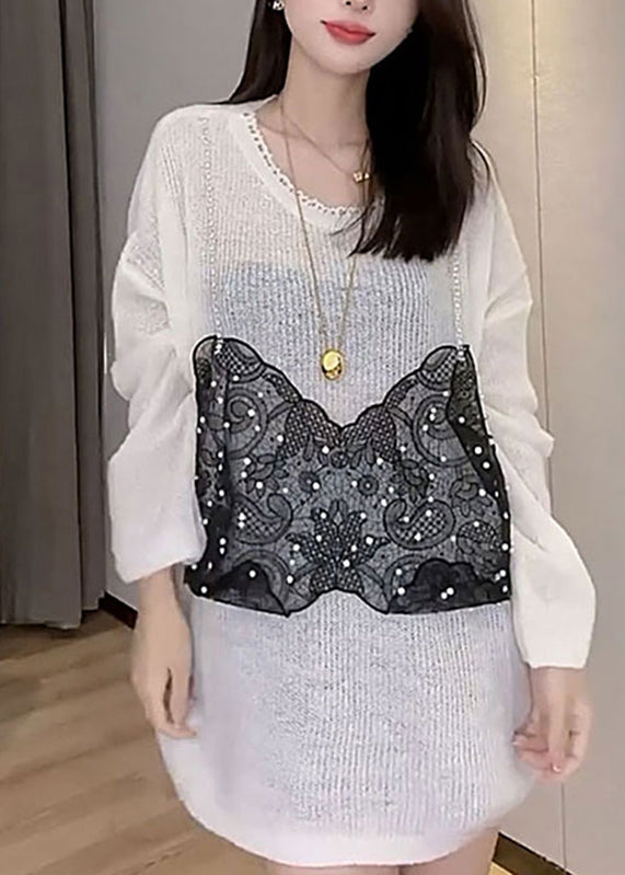 French Black O-neck Lace Patchwork Fake Two Pieces Knit Tops Fall