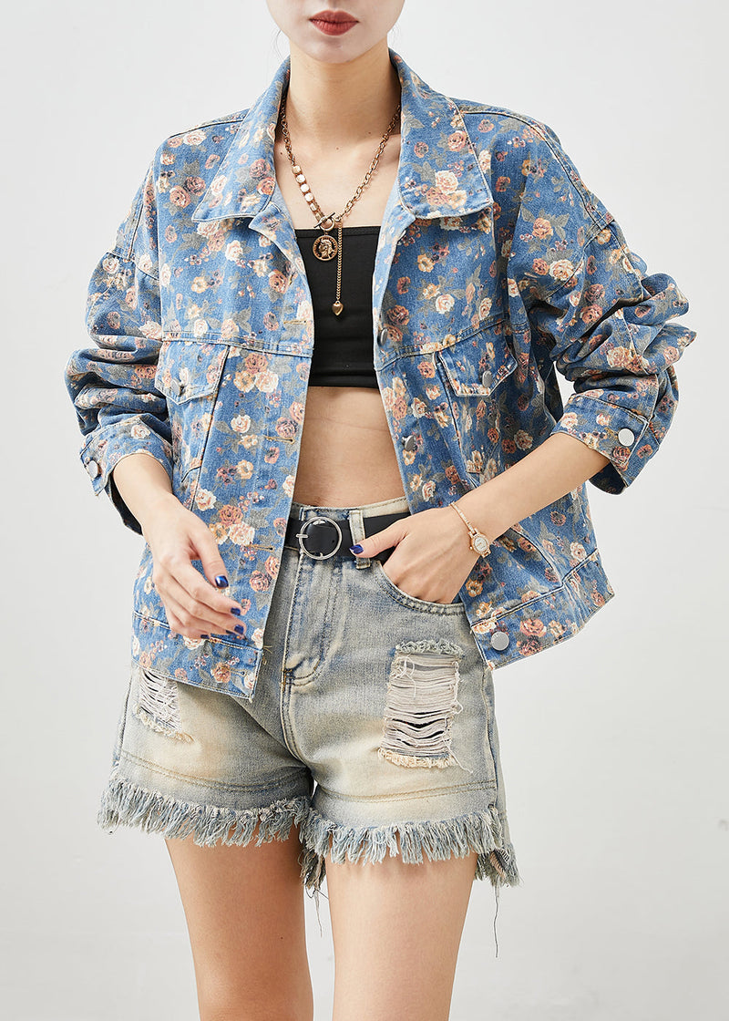 Blue Peter Pan Collar Print Denim Coats Spring