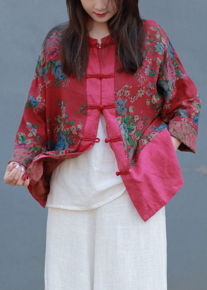 Red Stand Collar Patchwork Print Linen Blouses Spring