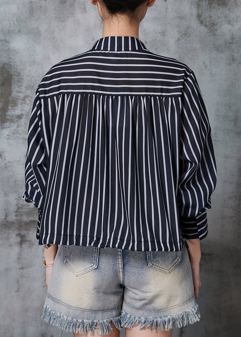 Style Black Striped Drawstring Cotton Shirt Top Summer