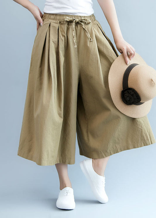 Khaki Pockets Cotton Wide Leg Pants Spring