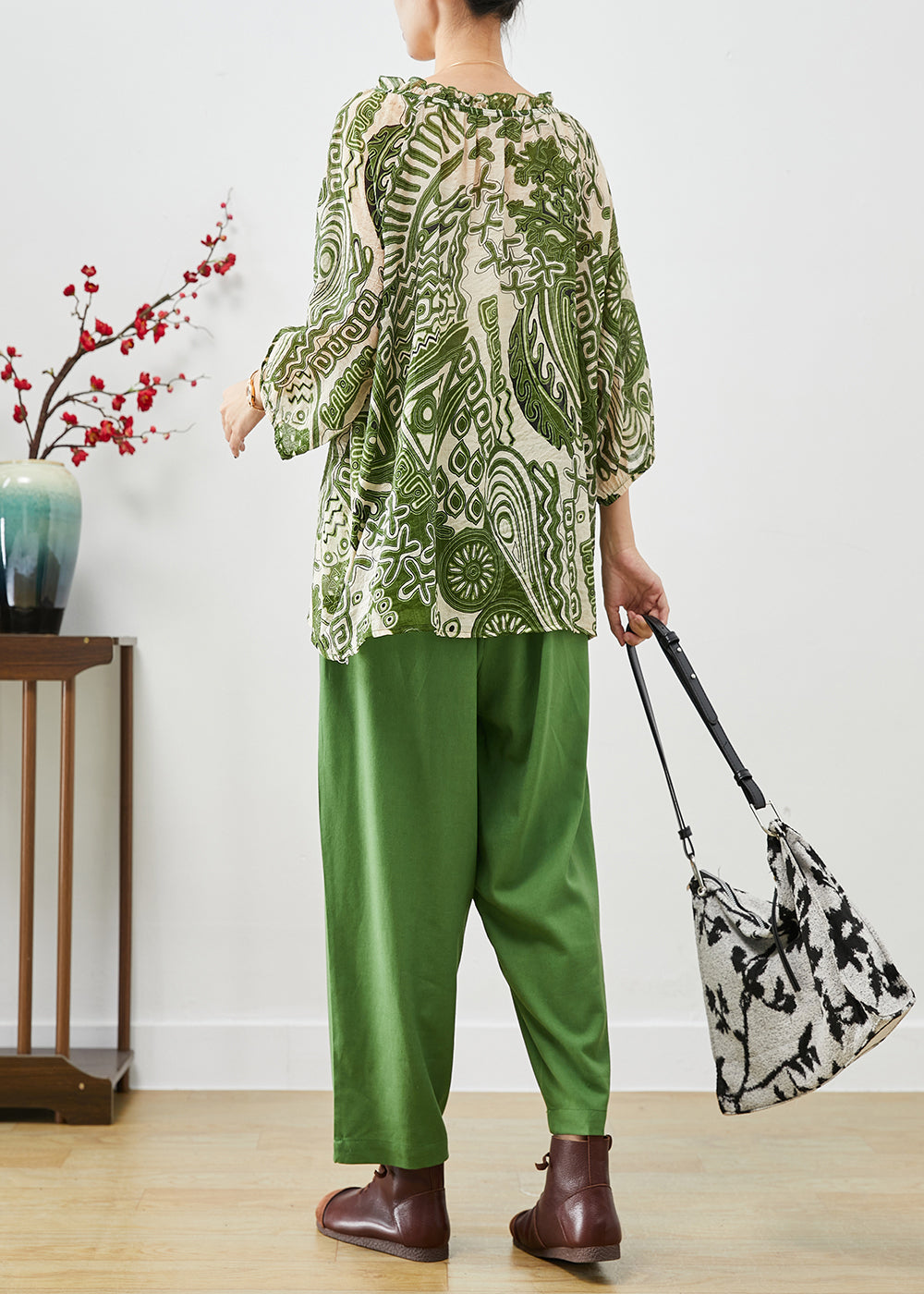 Green Ruffled Print Linen Two-piece Set Fall