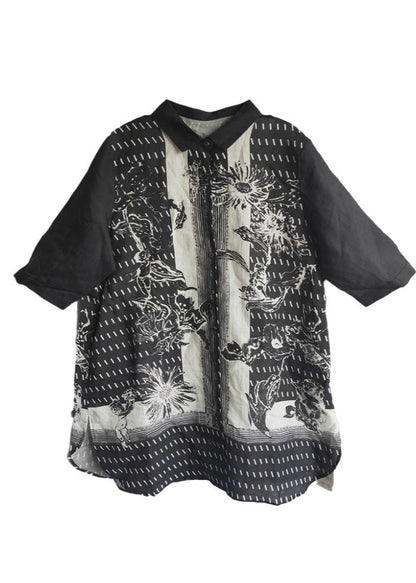 Black Peter Pan Collar Print Linen Long Shirt Tops Half Sleeve