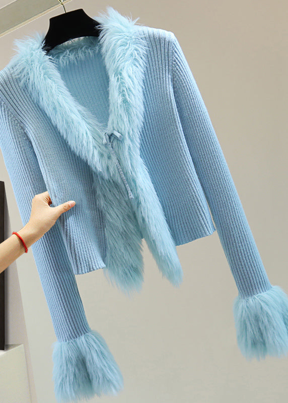 Blue Fur Collar Patchwor Cotton Knit Sweater Winter