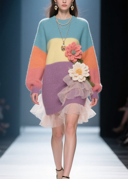 French Colorblock O Neck Tulle Knit Sweater Dress Winter