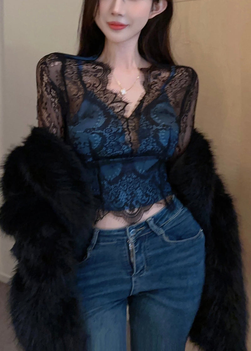 Black Hollow Out Patchwork Lace Tops