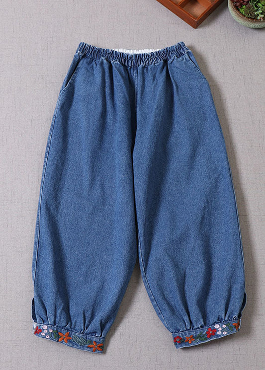 Blue Embroideried Denim Pants Spring