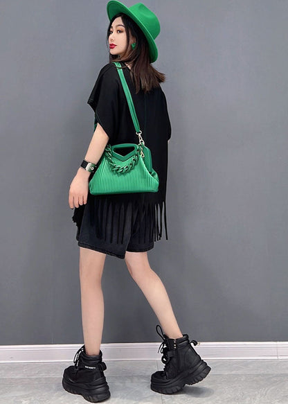 French Black O-neck Tassel Print Cotton Tank Tops Short Sleeve
