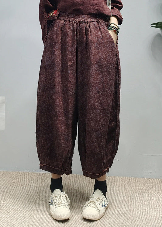 Handmade Red Elastic Waist Pocket Print Linen Lantern Pants Spring
