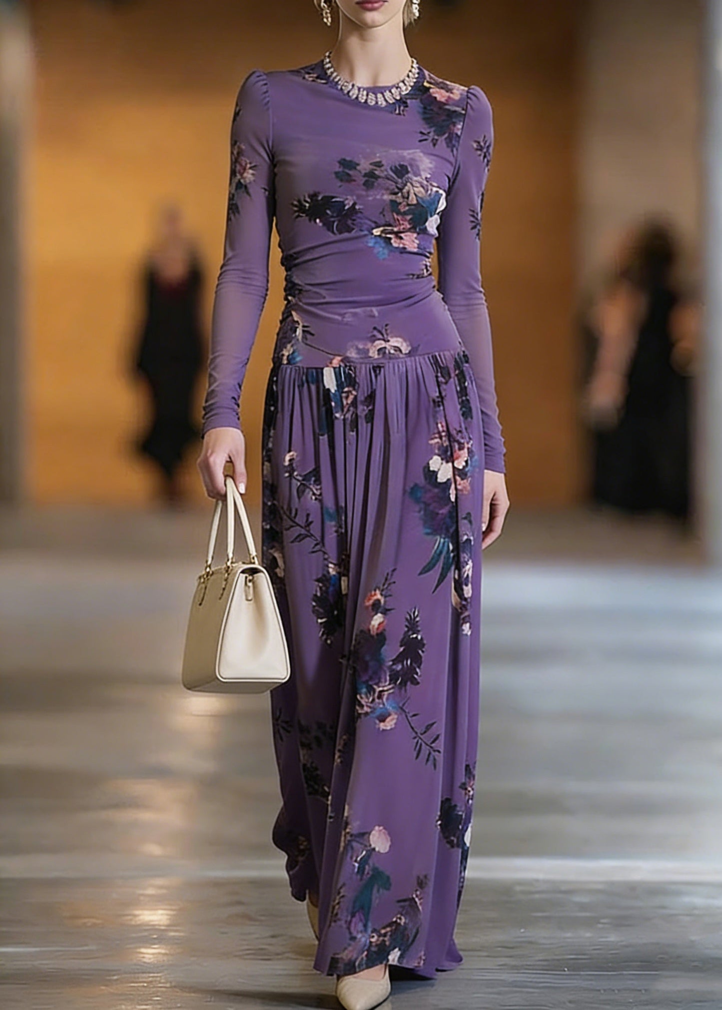 Purple O-neck Print Top and Maxi Skirts Two Pieces Set Spring