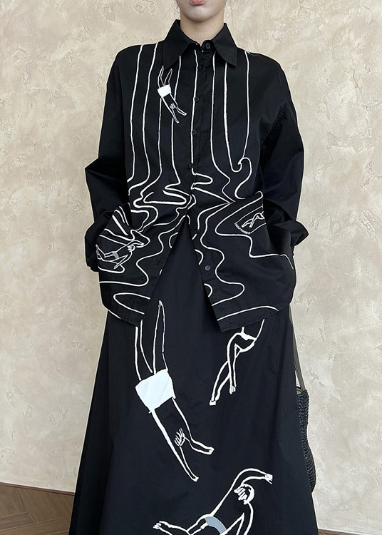 Black Cotton Shirt Tops Peter Pan Collar Graffiti Fall