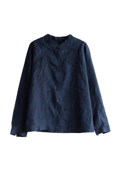 Chocolate Stand Collar Embroideried Button Linen Shirts Long Sleeve