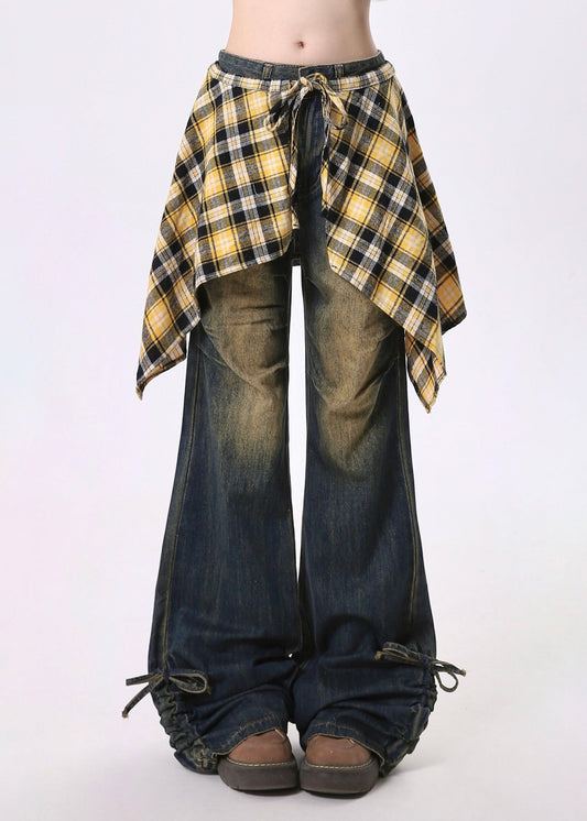 Navy Cinched Exra Large Hem Denim Flared Trousers Pants Spring
