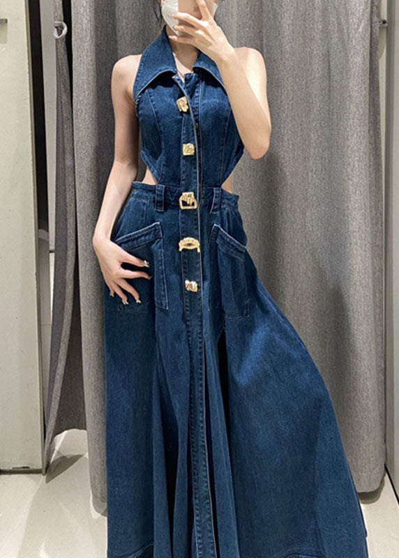 Blue Peter Pan Collar Patchwork Pockets Hollow Out Denim Long Dresses Summer