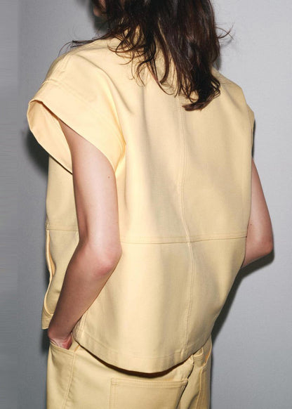 French Yellow Peter Pan Collar Tops and Pants Cotton Two Pieces Set Summer