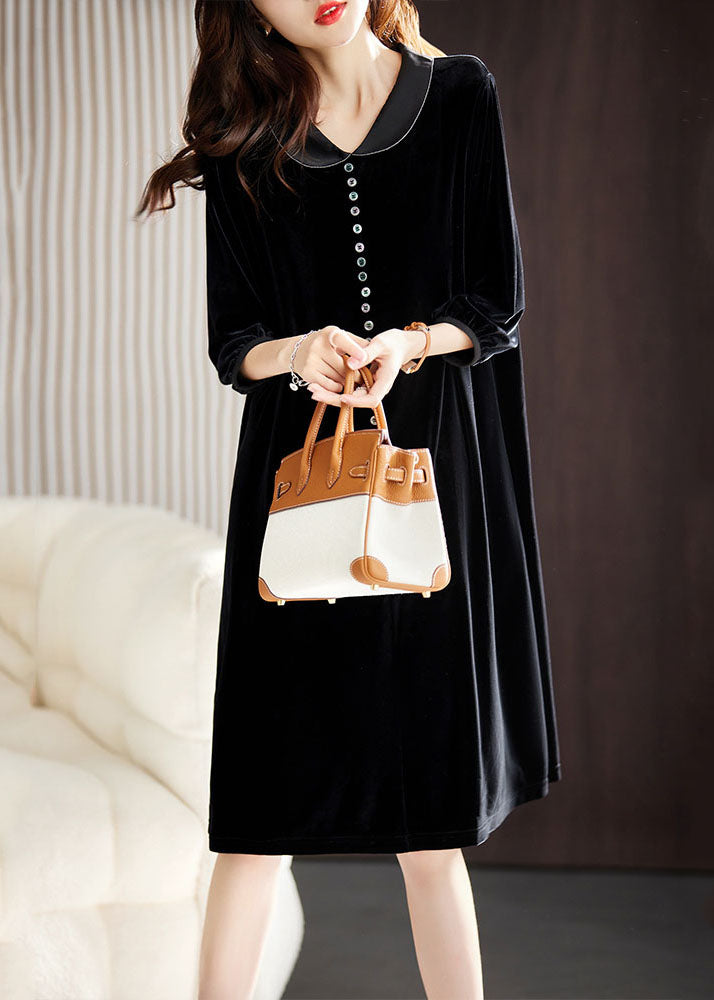 Black Peter Pan Collar Button Holiday Maxi Dress Fall