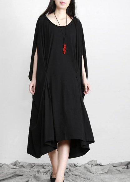 Diy Black Asymmetric Cotton Long Dress O Neck