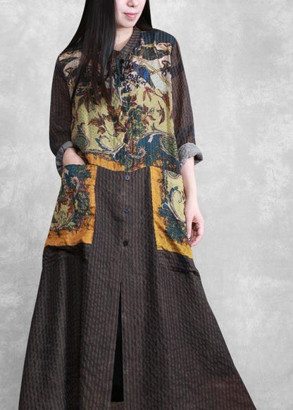 100% Yellow Print Clothes Stand Collar Spring Dress