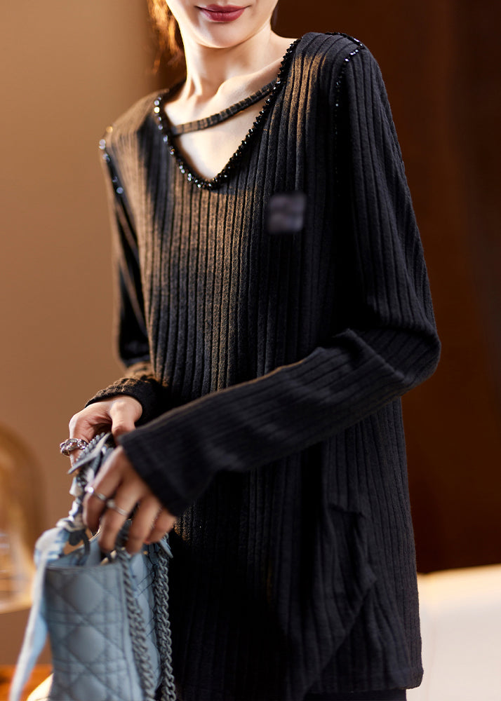 Coffee V Neck Nail Bead Patchwork Knit Top Spring