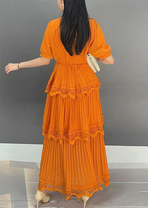 Orange Button Wrinkled Long Dress Summer