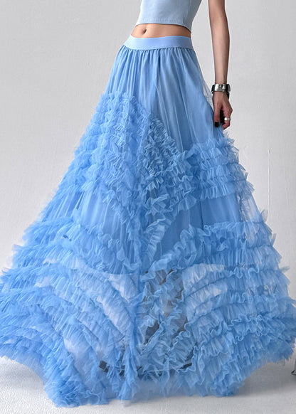 Blue Elastic Waist Tulle Summer Exra Large Hem Skirt Ruffled