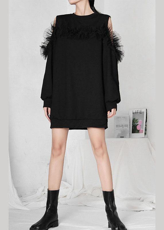 Black Patchwork Tulle Cold Shoulder Long Sleeve Pullover Sweatshirt