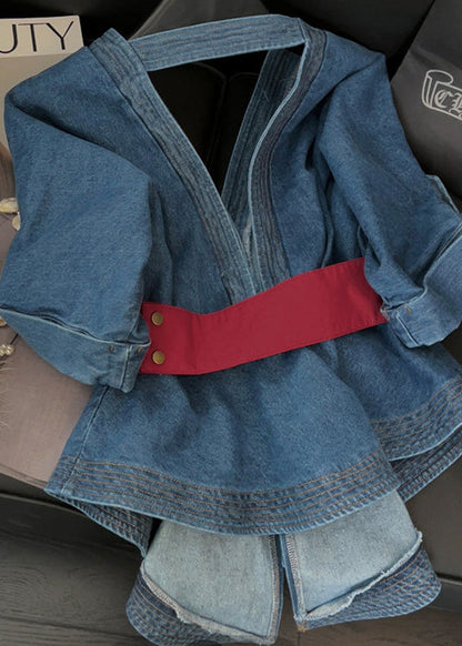 Blue Asymmetrical Bow Patchwork Denim Top Fall