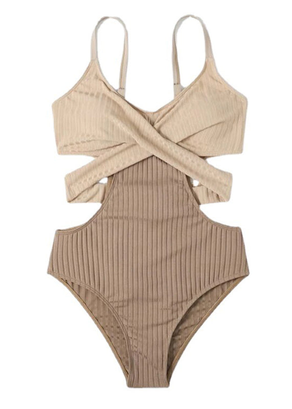 Classy Beige Striped Patchwork Backless Swimwear Bodysuit
