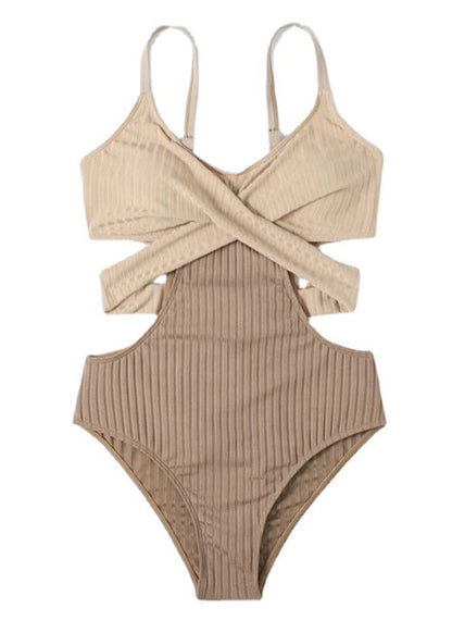 Classy Beige Striped Patchwork Backless Swimwear Bodysuit