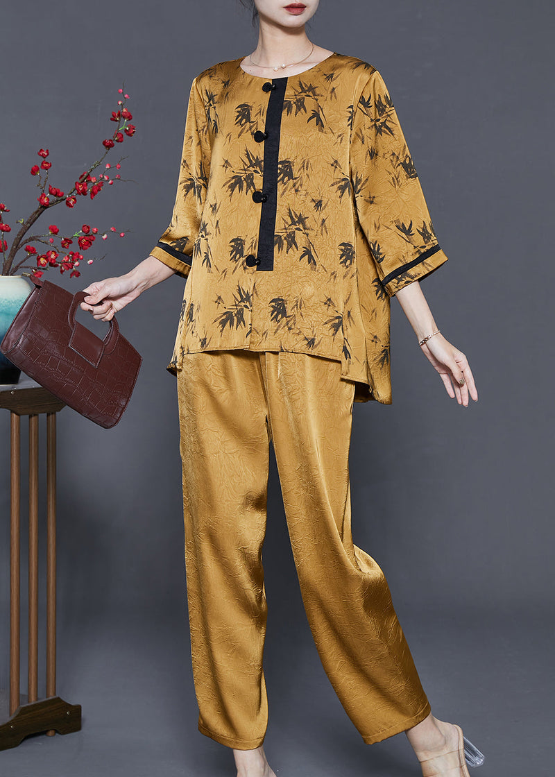 Yellow Print Silk Two Piece Suit Set Oversized Jacquard Summer