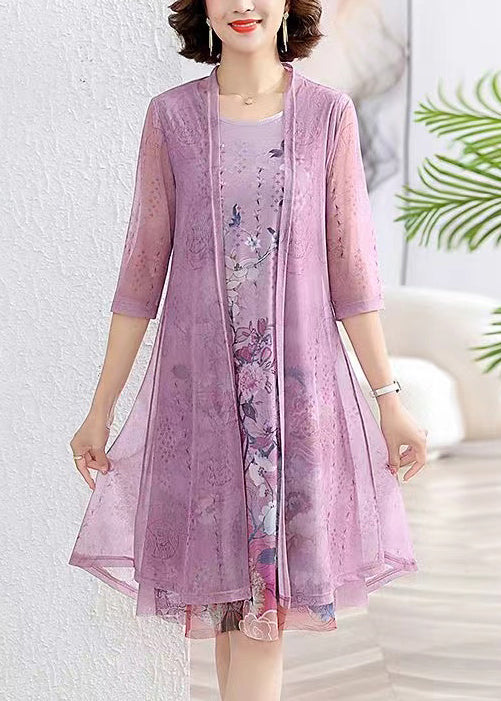 Purple Print Patchwork Chiffon Two Pieces Set O-neck Summer