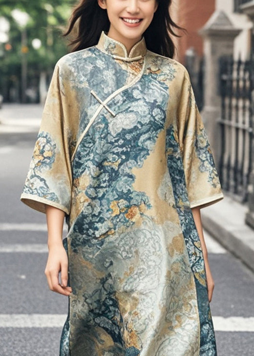 Khaki Print Side Open Silk Oriental Dress Bracelet Sleeve Spring