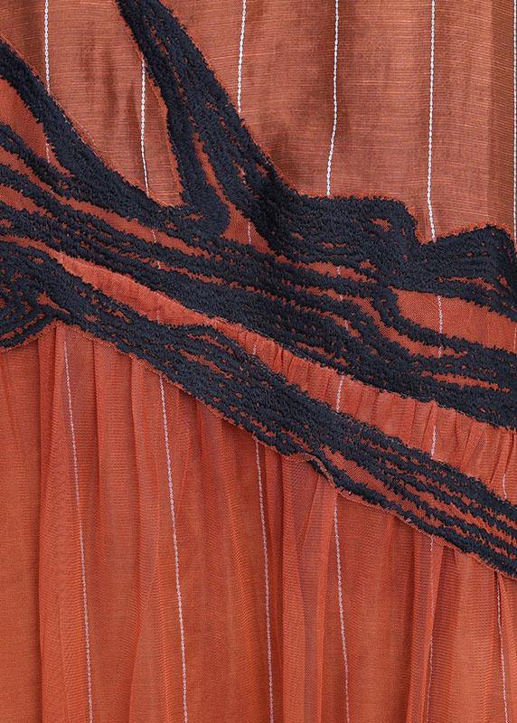 Orange Embroidery Patchwork Summer Silk Dresses Short Sleeve