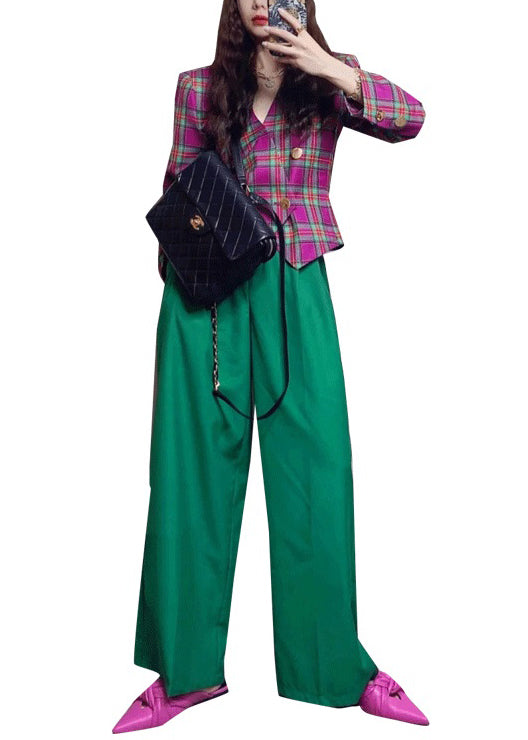 New Plaid Tops and Green Pockets Pants Cotton Two Piece Set Fall
