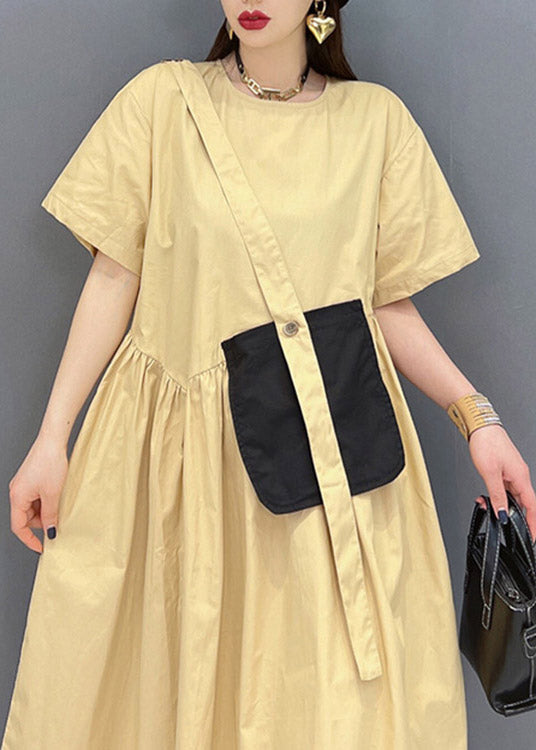 Italian Khaki O-neck Button Pockets Patchwork Wrinkled Dress Short Sleeve