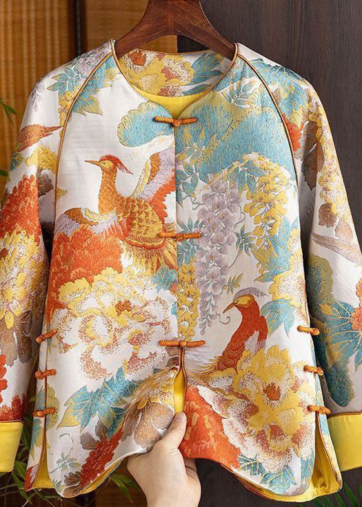 Chinese Style Yellow Embroidered Oriental Button Spliced Silk Coat Autumn
