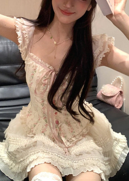 Apricot Ruffled Lace Up Tulle Patchwork 2 Piece Summer