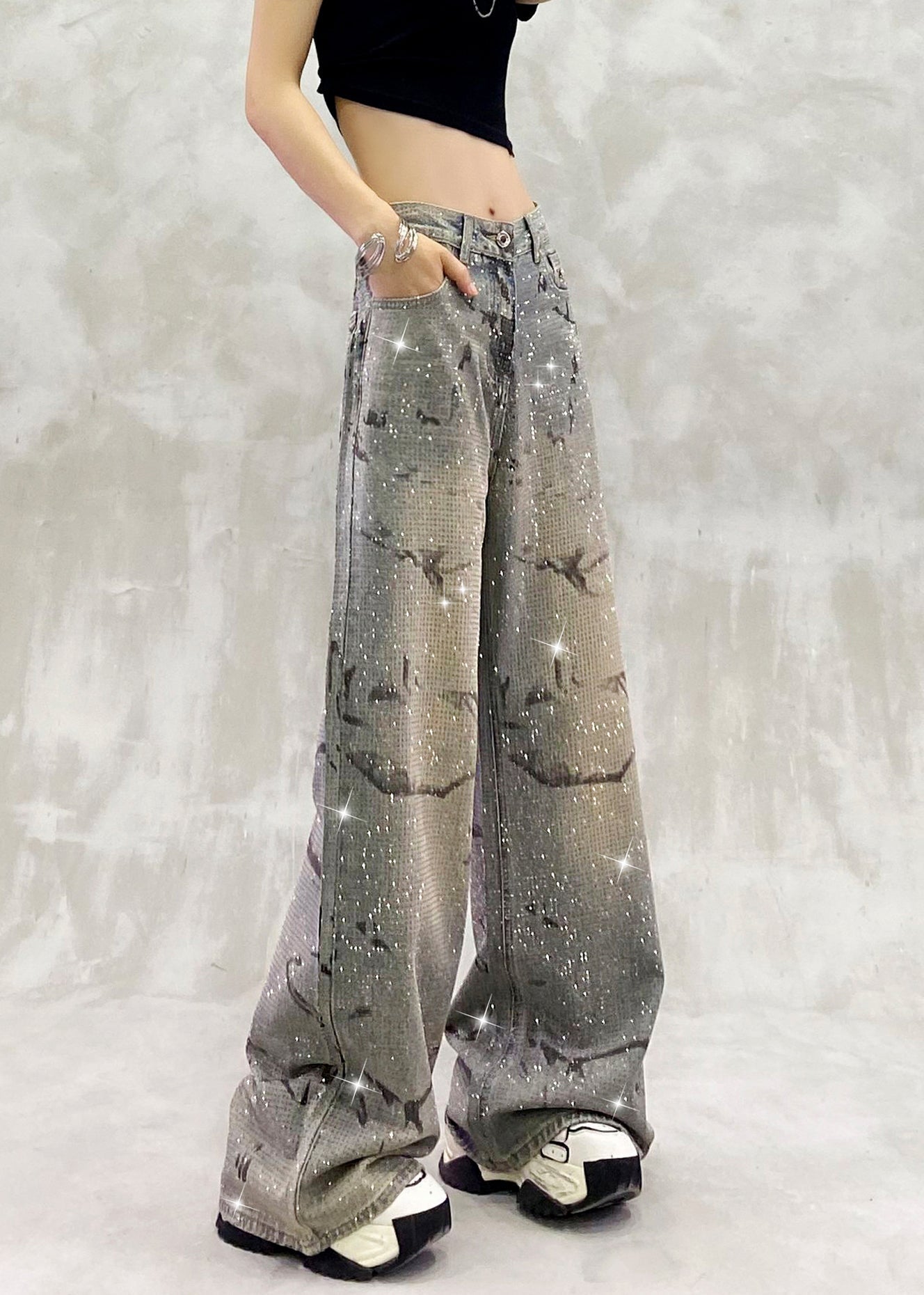 Blue Pockets Zircon High Waist Denim Pants Fall