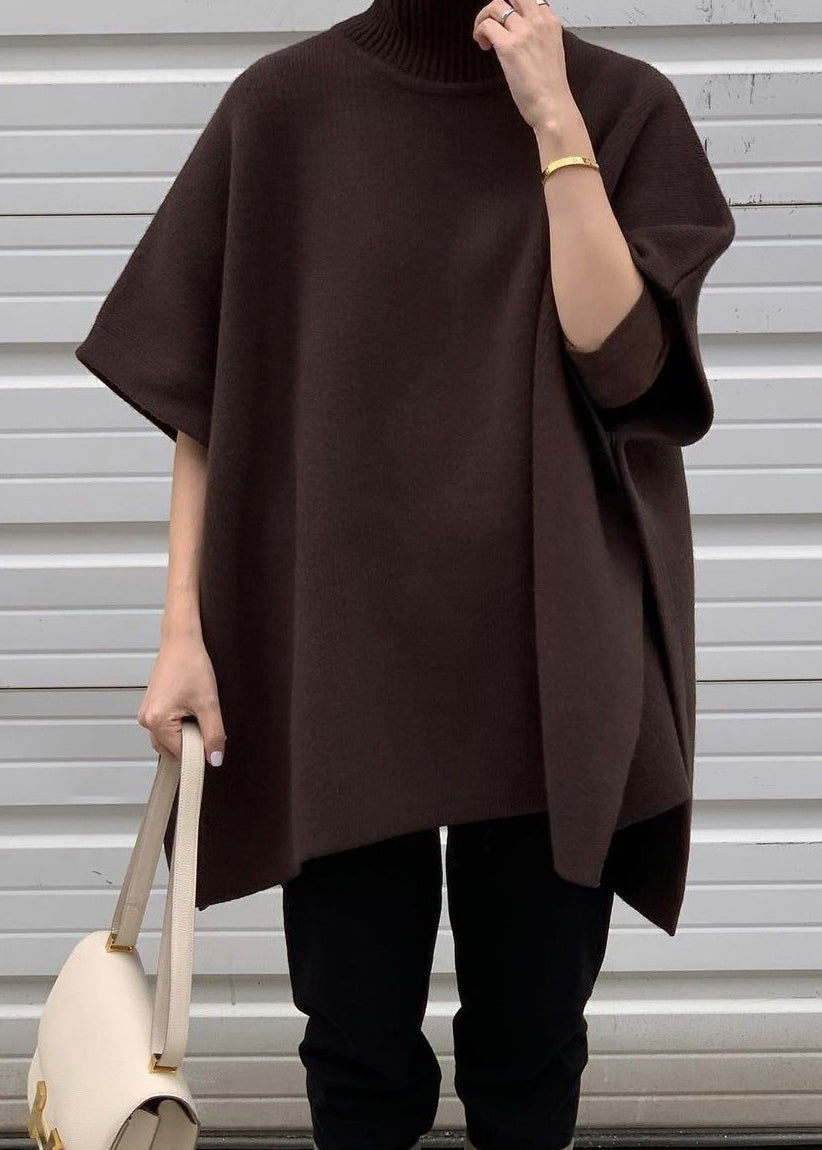Grey Side Open Knit Cape Style Sweater Turtleneck Batwing Sleeve