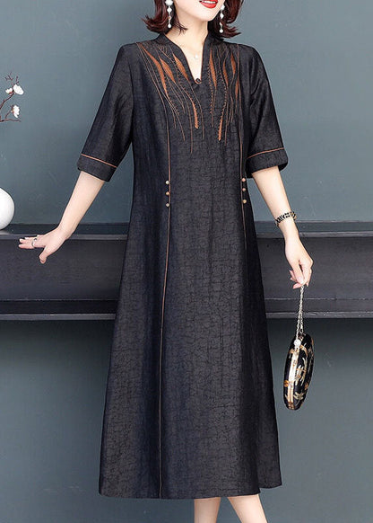 Stylish Black V Neck Patchwork Embroideried Silk Maxi Dresses Summer
