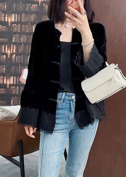 Black O-neck Silk Velour Coats Fall