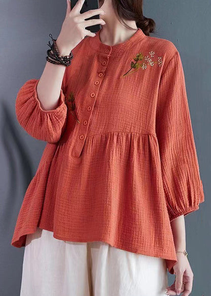 Brick Red Embroidered Cotton Tops Summer